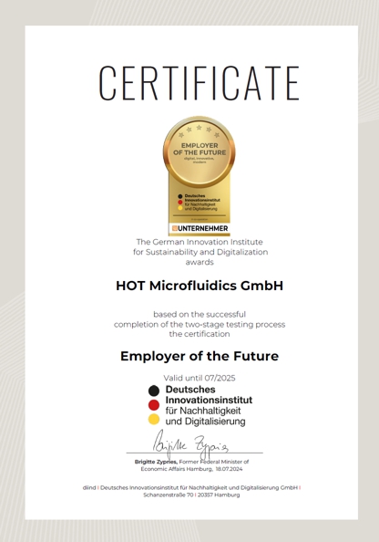 Certificate: HOT Microfluidics GmbH was recognised as "Employer of the Future"